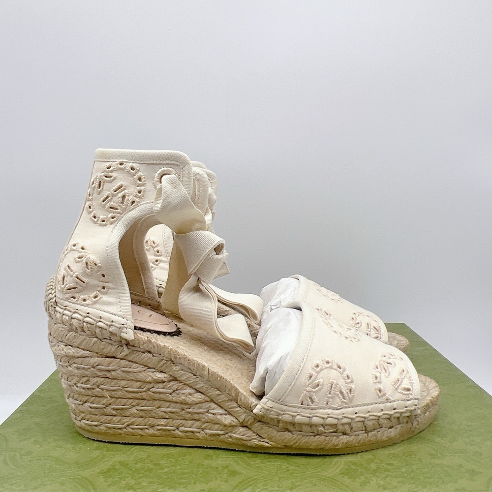 Gucci GG Damita Espadrille Wedge Sandal Eyelet Beige Canvas EU 36.5 US 6.5 - Picture 7 of 15